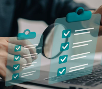 image of hands and magnifying glass at a keynote of laptop with clipboard image over